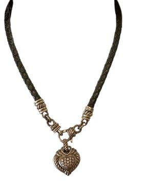 Judith Ripka Sterling Silver & Braided Leather Magnetic Necklace Cz Heart Charm